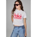 ETHIQUET ALGHER Kadın Baskı Desenli Kısa Kollu Organik Pamuklu Bisiklet Yaka Crop Beyaz T-Shirt