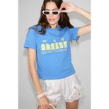 ETHIQUET ALGHER Kadın Baskı Desenli Kısa Kollu Organik Pamuklu Bisiklet Yaka Crop Mavi T-Shirt