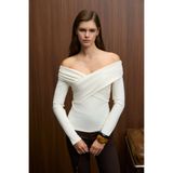 ETHIQUET SELUNETTE Kadın Asimetrik Yakalı Omuzu Açık Esnek Kumaşlı Vücudu Saran Slim Fit Ekru Bluz