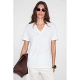 ETHIQUET SHEANE Kadın %100 Organik Pamuk V Yakalı Comfort Fit Beyaz T-Shirt