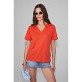 ETHIQUET SHEANE Kadın %100 Organik Pamuk V Yakalı Comfort Fit Kırmızı T-Shirt