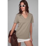 ETHIQUET SHEANE Kadın %100 Organik Pamuk V Yakalı Comfort Fit Vizon T-Shirt