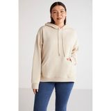 Ethiquet Terezabb Kadın İçi Polarlı Yumuşacık Comfort Fit Kapüşonlu Kanguru Cep Bej Büyük Beden Sweatshirt - 5XL