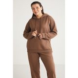 Ethiquet Terezabb Kadın İçi Polarlı Yumuşacık Comfort Fit Kapüşonlu Kanguru Cep Kahverengi Büyük Beden Sweatshirt - Açık Kahverengi - 2XL