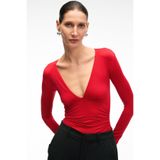 ETHIQUET TEVRINE Kadın Kruvaze Yakalı Esnek Kumaşlı Uzun Kollu Çıtçıt Kapamalı Slim Fit Kırmızı Bluz