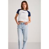 ETHIQUET VANE Kadın %100 Pamuk Kısa Kollu Baskılı Crop Beyaz/Navy T-Shirt