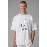 Etifa Tekstil Etifa Oversize Balıkçı Tişörtü Fish On %100 Pamuk Premium Beyaz Unisex - 2XL