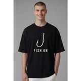 Etifa Tekstil Etifa Oversize Balıkçı Tişörtü Fish On %100 Pamuk Premium Siyah Unisex - 2XL