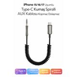 Etiget iPhone 15 / 16 / 17 Uyumlu Type-C 3.5mm AUX Kumaş Spiralli Ses Aktarım Kablosu | Kopmaz – Dolaşmaz