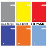 Etika A5 60 Yaprak PP Kapaklı Tel Dikişli Defter – 6’lı Karma Paket (3 Çizgili, 3 Kareli)