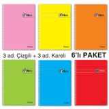 Etika A5 72 Yaprak PP Kapaklı Spiralli Defter – 6’lı Karma Paket (3 Çizgili, 3 Kareli)