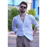 Etikmen Beyaz Keten Apaj Yaka Oversize Erkek Gömlek - 2XL