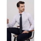 Etikmen Beyaz Saten & Lacivert Çizgi Desen Hediye Kutulu Gömlek Kravat Seti