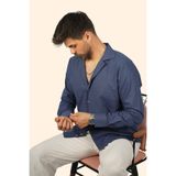 Etikmen İndigo Keten Apaj Yaka Oversize Erkek Gömlek