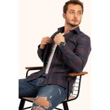 Etikmen Lacivert Kırmızı Çizgili Slimfit Oduncu Erkek Gömlek