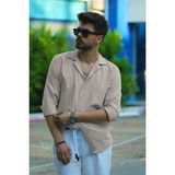 Etikmen Sütlü Kahve Keten Apaj Yaka Oversize Erkek Gömlek - XL