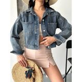 Etiler Collection Çift Cepli Kol Katlamalı Kar Yıkama Crop Kot Ceket Kahve Tint D2000 - Mavi - S