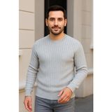 Etiler Collection Erkek Bisiklet Yuvarlak Yaka Triko Kazak Pamuklu Kalın Fitilli Dokuma, Regular Fit Uzun Kollu Kışlık Model - Gri - 2XL