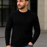 Etiler Collection Erkek Bisiklet Yuvarlak Yaka Triko Kazak Pamuklu Kalın Fitilli Dokuma, Regular Fit Uzun Kollu Kışlık Model - Siyah - XL
