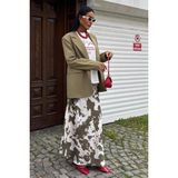 Etiler Collection Ince Deri Kemerli Chanel Saten Etek 4050 - Olive