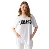 EtkiModa Kadın Beyaz Önü Baskılı Yanlar Yırtmaçlı Kısa Kollu Tunik Tişort Beyaz 3XL
