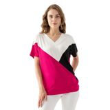 EtkiModa Kadın Beyaz Siyah Pembe Blok Desenli Yarasa Kollu Viskon Penye Bluz Beyaz Siyah Pembe M