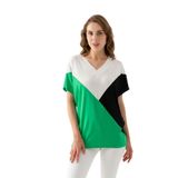 EtkiModa Kadın Beyaz Yeşil Pembe Blok Desenli Yarasa Kollu Viskon Penye Bluz Beyaz Siyah Yeşil L