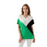 EtkiModa Kadın Beyaz Yeşil Pembe Blok Desenli Yarasa Kollu Viskon Penye Bluz Beyaz Siyah Yeşil M