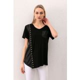 EtkiModa Kadın Siyah Kuşgözü Dik Şeritli Ön Eteği Asimetrik Bluz