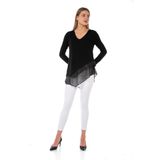 EtkiModa Kadın Siyah V Yaka Uzun Kollu Şifon Astarlı Eteği Deri Detaylı Asimetrik Mevsimlik Triko Tunik Bluz