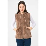 EtkiModa Kadın Vizon Kapşonlu Kolsuz Peluş Yelek