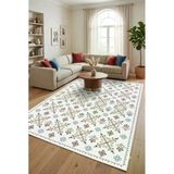 Etnik Çiçek Desenli Baskılı Kaymaz Yıkanabilir Salon Oturma Odası Mutfak Balkon Halısı Yolluk 100 X 400 Cm Beyaz