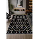 Etnik Çiçek Desenli Baskılı Kaymaz Yıkanabilir Salon Oturma Odası Mutfak Balkon Halısı Yolluk 200 X 290 Cm Siyah