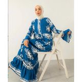 Etnik Desenli Düğmeli Elbise - Mavi - 40