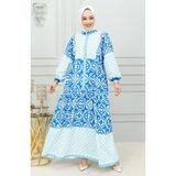 Etnik Desenli Tesettür Elbise 0302-02 Mavi - Standart
