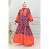 Etnik Desenli Tesettür Elbise 0302-03 Turuncu - Turuncu - Standart