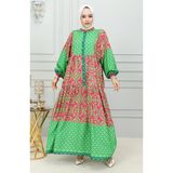 Etnik Desenli Tesettür Elbise 0302-04 Yeşil - Standart