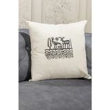 Etnik Hitit Desen El Baskısı Kırlent Kılıfı 2 Li 45X45 cm %100 Organik Hambez Kumaş - Ekru