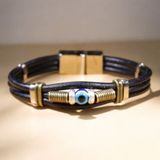 Etniko Siyah Deri Nazar Boncuklu Mıknatıs Kapamalı Bileklik - M ( 19.5 cm )