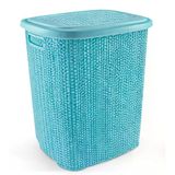 Ett Kapaklı Plastik Kirli Çamaşır Sepeti 65 Lt Turkuaz Örgü Desenli Banyo Sepeti