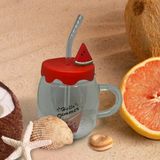 Ett Karpuz Tasarımlı Cam Kupa Bardak 450Ml - Pipetli, Silikon Kapaklı