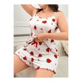 euro click Büyük Beden Kadın Beyaz Çilek Desenli Askılı Şortlu Pijama Takımı Rahat Yazlık Ev Giyim Plus Size