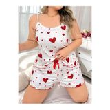 euro click Büyük Beden Kadın Beyaz Kalp Desenli Askılı Şortlu Pijama Takımı Rahat Yazlık Ev Giyim Plus Size