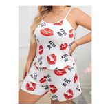 euro click Büyük Beden Kadın Beyaz Kiss Me Desenli Askılı Şortlu Pijama Takımı Rahat Yazlık Ev Giyim Plus Size