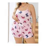 euro click Büyük Beden Kadın Pembe Kelebek Desenli Askılı Şortlu Pijama Takımı Rahat Yazlık Ev Giyim Plus Size