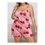 euro click Büyük Beden Kadın Pembe Kiraz Desenli Askılı Şortlu Pijama Takımı Rahat Yazlık Ev Giyim Plus Size