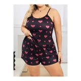 euro click Büyük Beden Kadın Siyah Kalp Desenli Askılı Şortlu Pijama Takımı Rahat Yazlık Ev Giyim Plus Size