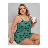 euro click Büyük Beden Kadın Yeşil Kalp Desenli Askılı Şortlu Pijama Takımı Rahat Yazlık Ev Giyim Plus Size