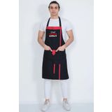 EURO DAY Mutfak Önlüğü Masterchef Baskılı Çift Cepli Siyah Kırmızı Detaylı