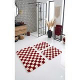Eurobano Chess Dama 3'lü Banyo Paspası Kemik-Kırmızı 80X50 50X40 50X40 cm Yıkanabilir Lateks Kaymaz Taban